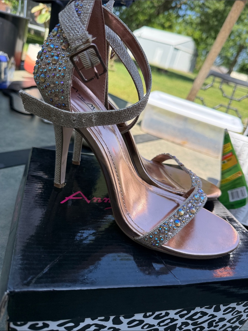 Anne Michelle Rhinestone Strappy High Heel Sandals in Rose Gold
